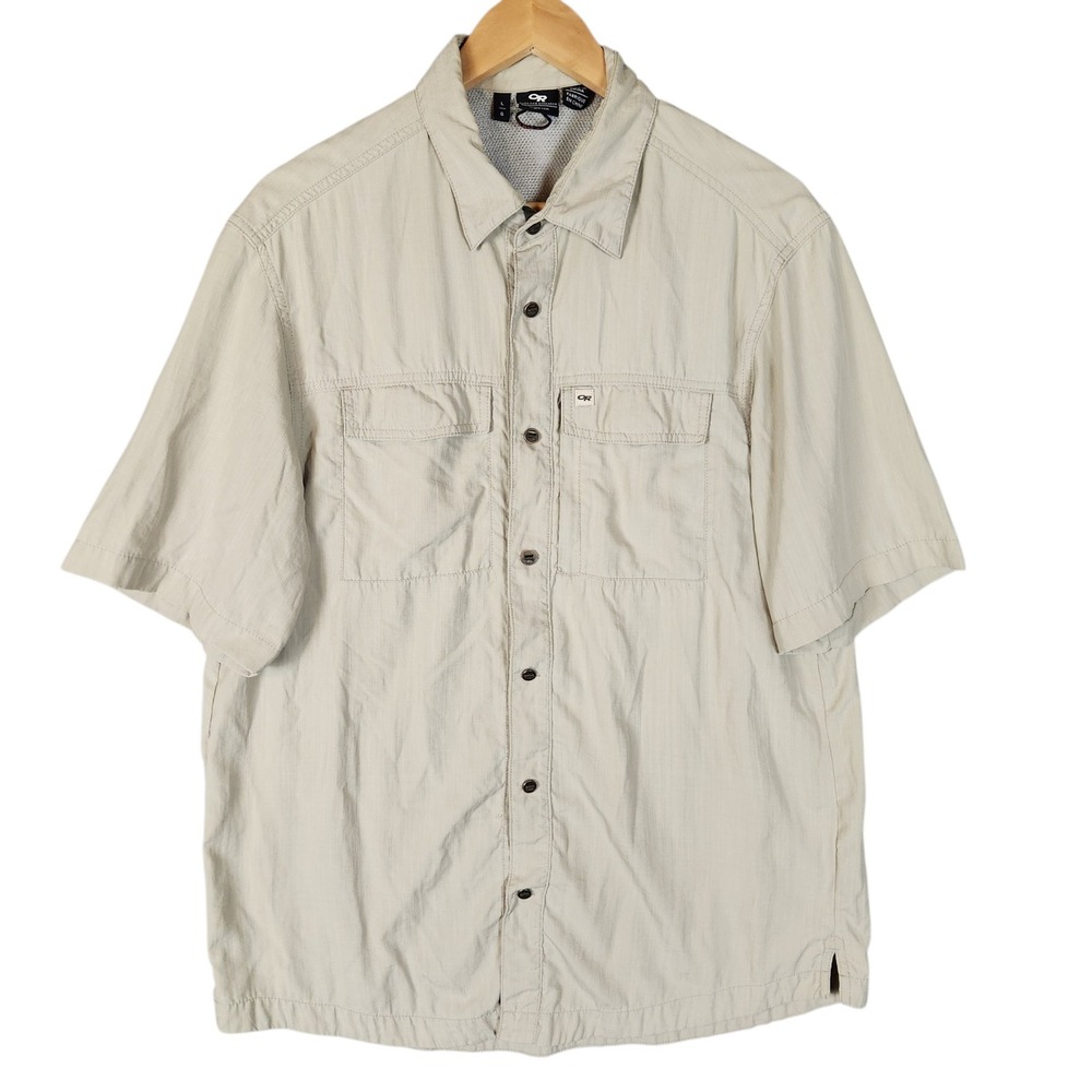 Outdoor Research Shirt Men's Large Tan Short Sleeve Button Up Hiking Fishing